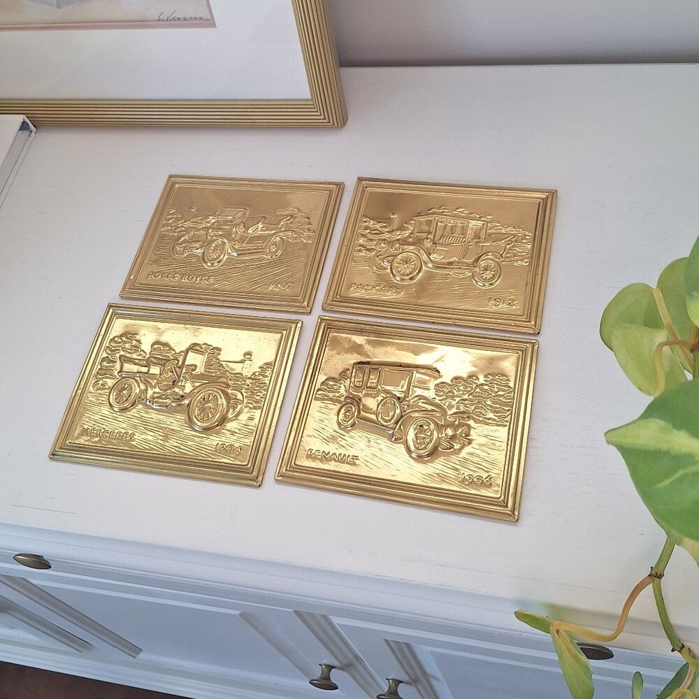 4 Vintage car Brass wall plaques Mercedes Rolls Royce RENAULT Packard